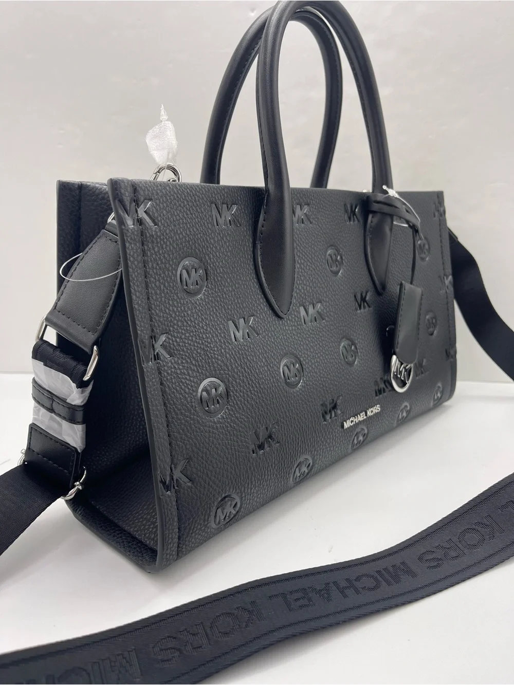 MICHAEL KORS Mirella Md Logo Debossed Satchel Shoulder Tote Crossbody Black NWT